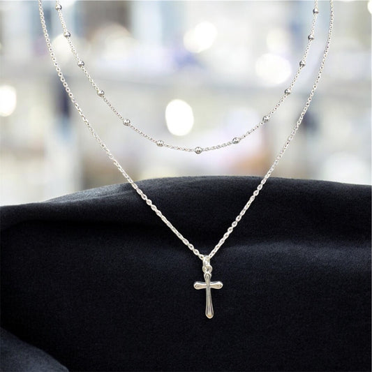 Sterling Silver Two Chains with Cross Pendant