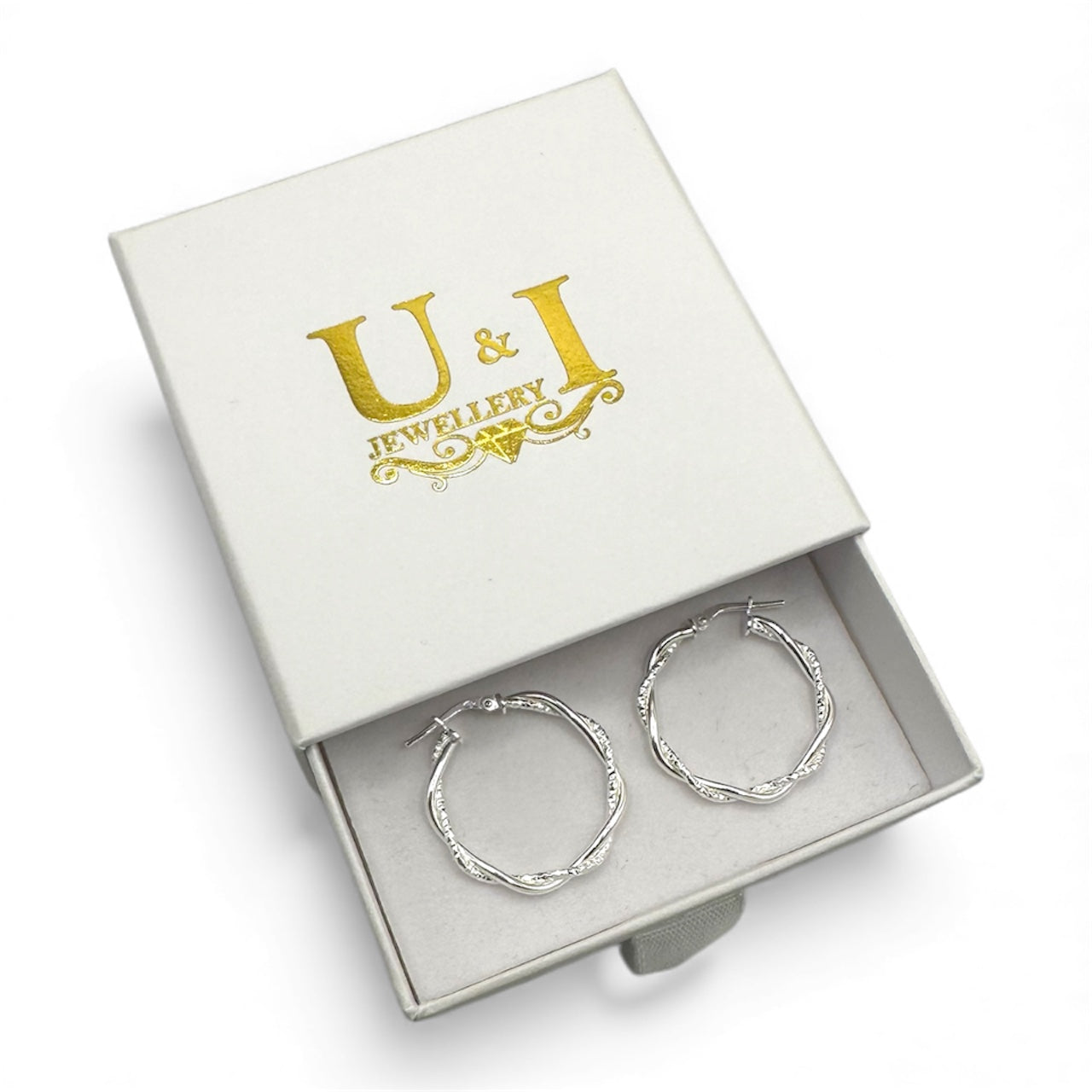 Silver Diamond Cut & Plain Twist Hoop Earrings