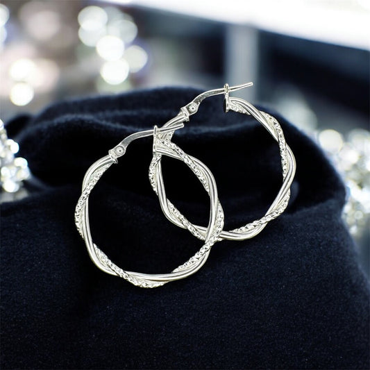 Silver Diamond Cut & Plain Twist Hoop Earrings