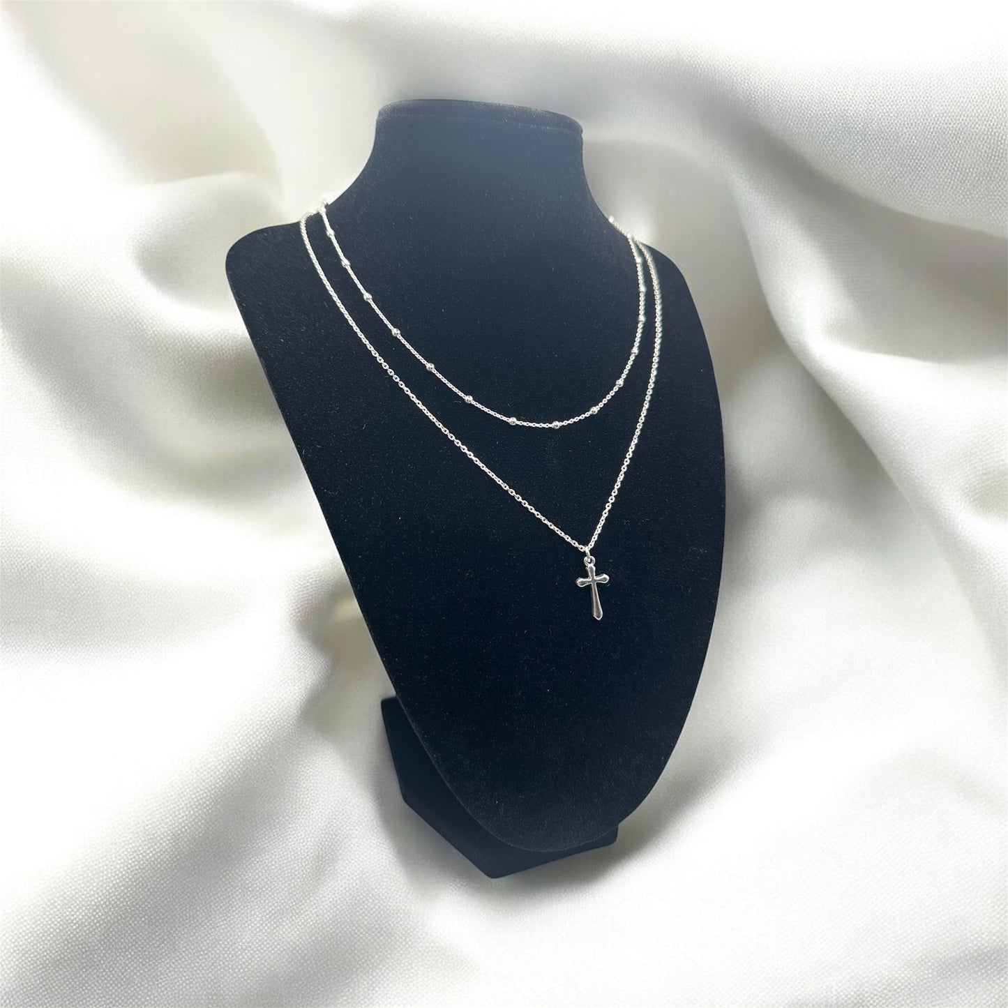 Sterling Silver Two Chains with Cross Pendant