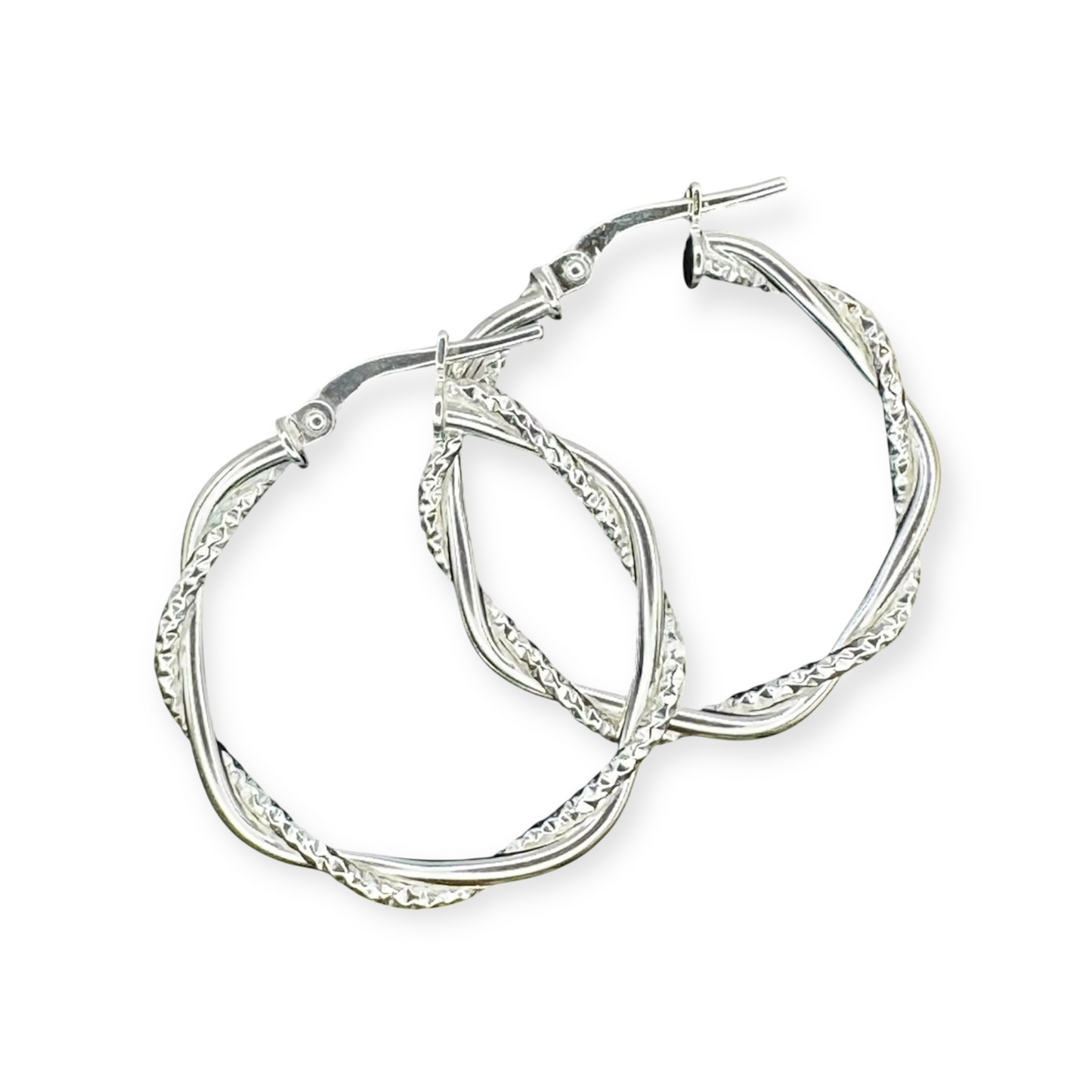 Silver Diamond Cut & Plain Twist Hoop Earrings