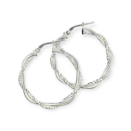 Silver Diamond Cut & Plain Twist Hoop Earrings