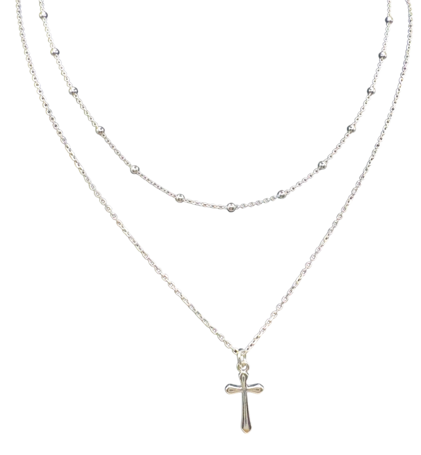 Sterling Silver Two Chains with Cross Pendant