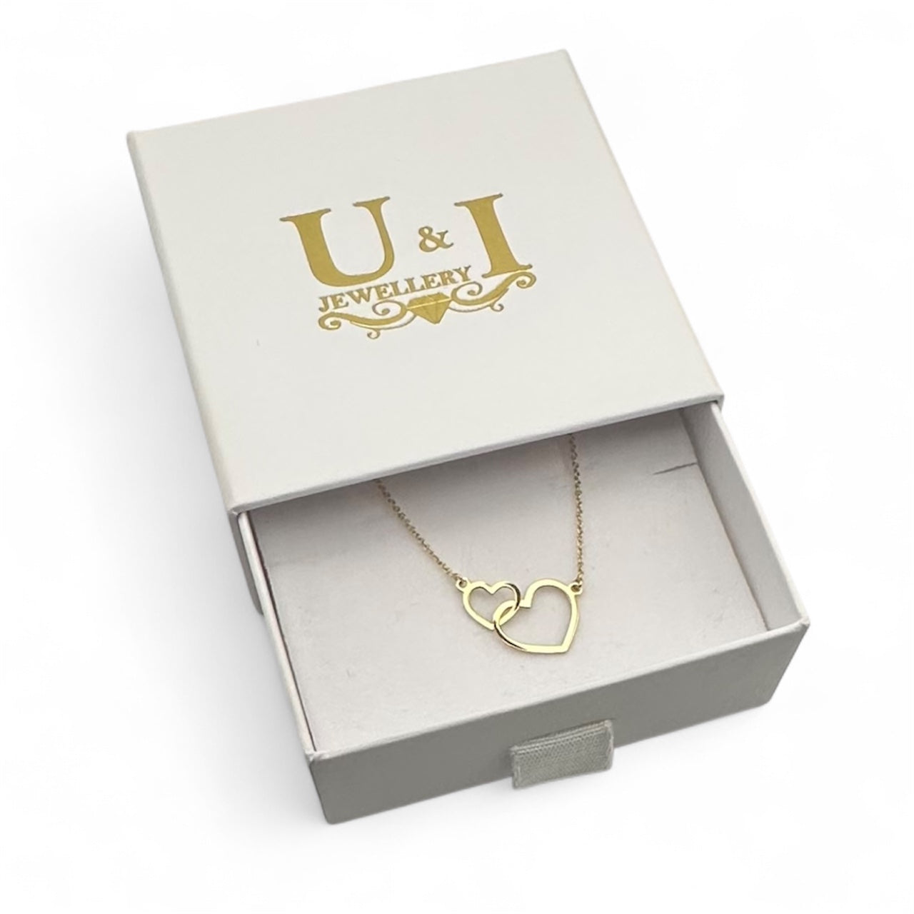 9ct Yellow Gold Rolo Chain, Two Hearts, 18" Necklace